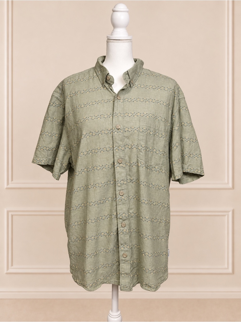 Eddie Bauer Men’s XL Olive Geometric Print Cotton Button-Up Shirt